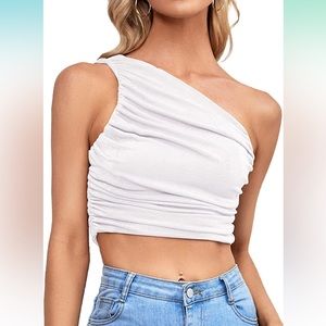 Sexy Ruched White One Shoulder Sleeveless Crop Top Strappy Cami Tank